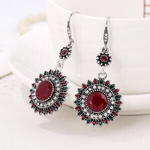 NEW Elegant Red Boho Earrings Rhinestone Dangle Medallions Ethnic Zircon